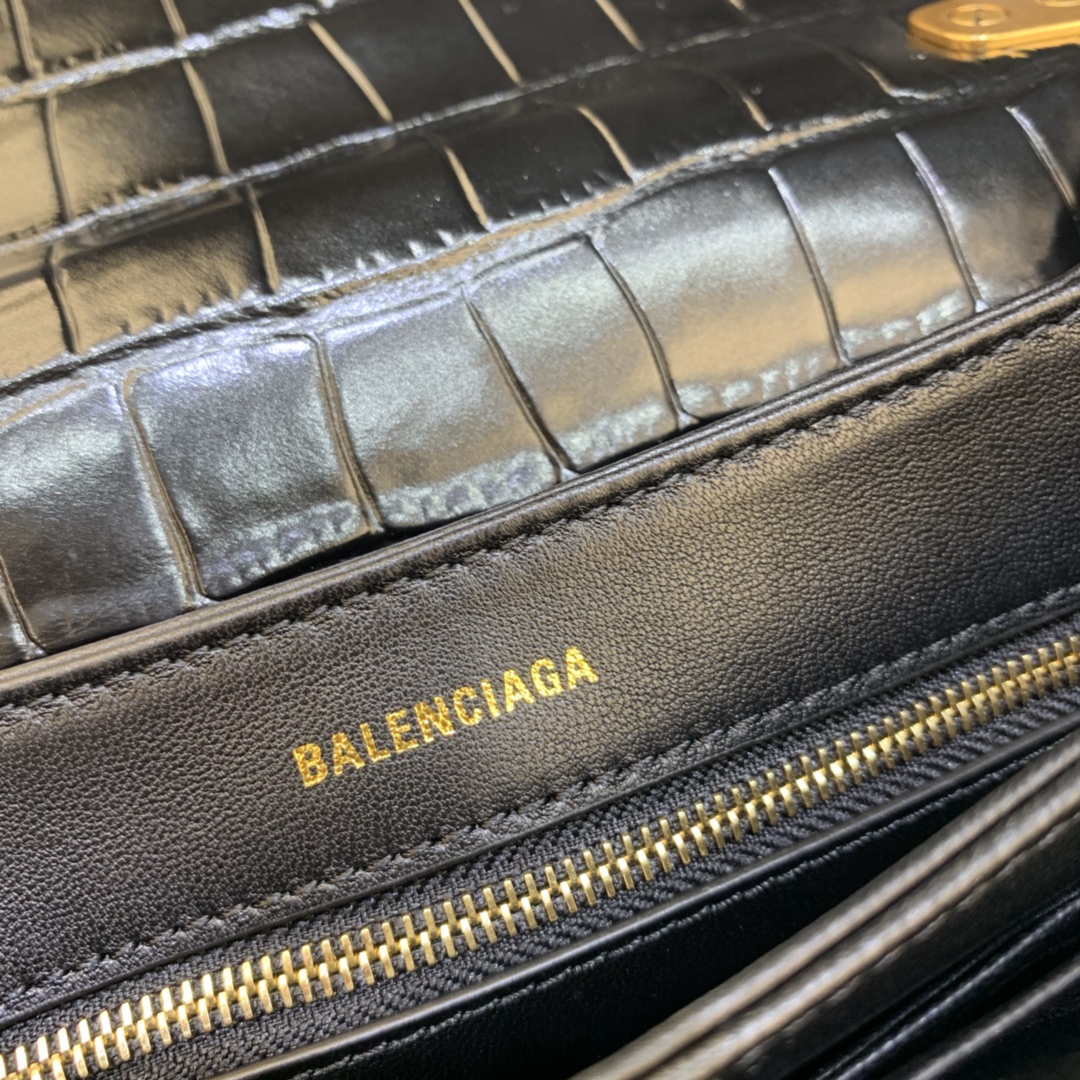 Balenciaga Triplet Small Bag With Chain Crocodile Embossed Calfskin Shouler Bag Black